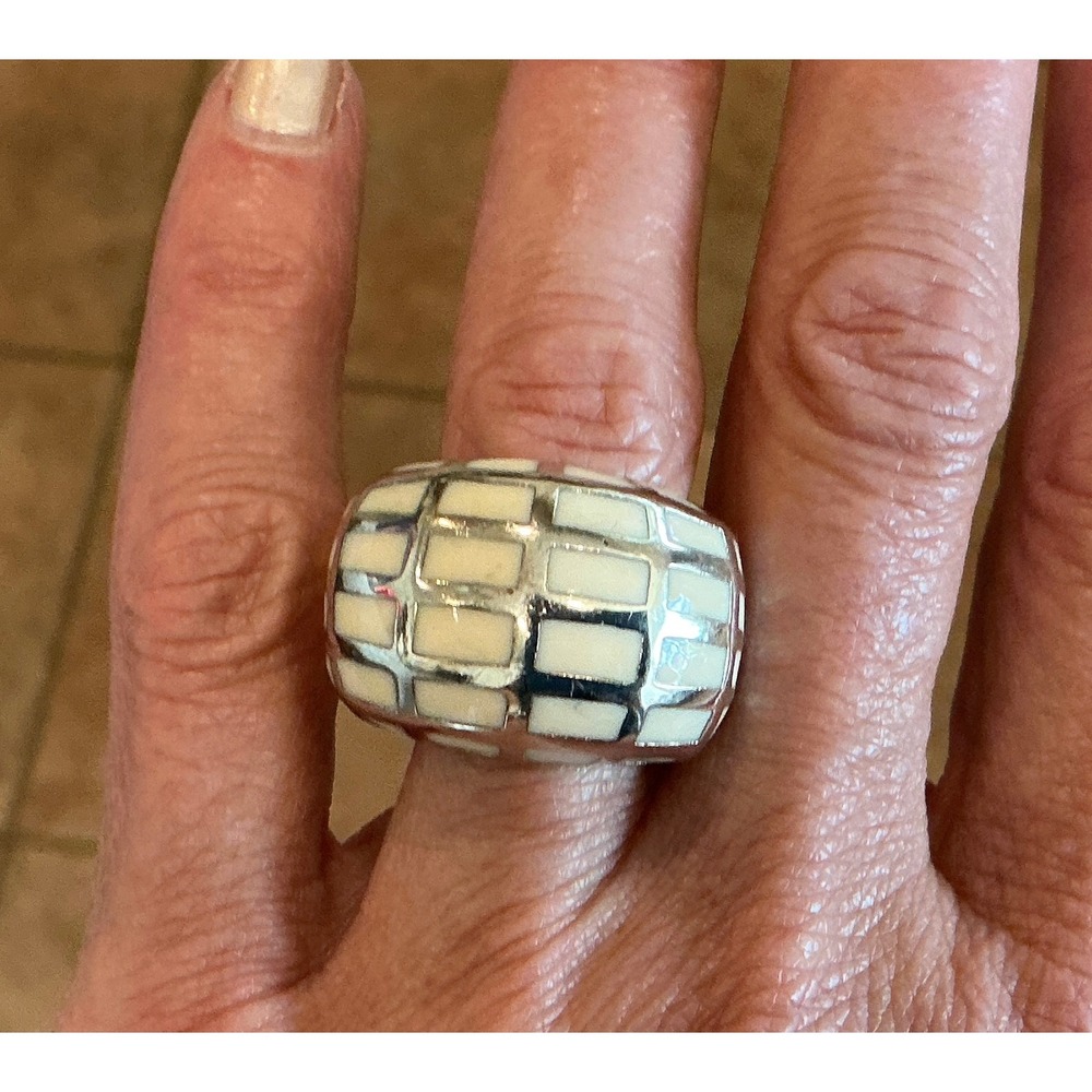 Chunky Stainless Steel‎ Ring White Brick Pattern Statement Band Size 7